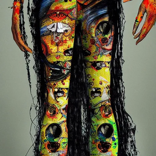 Prompt: ( high definition highly detailed baroque cyberpunk shamaness, varnished oil paint in bright colors on black background with small background color splatters, by katsuhiro otomo ) printed on jeans