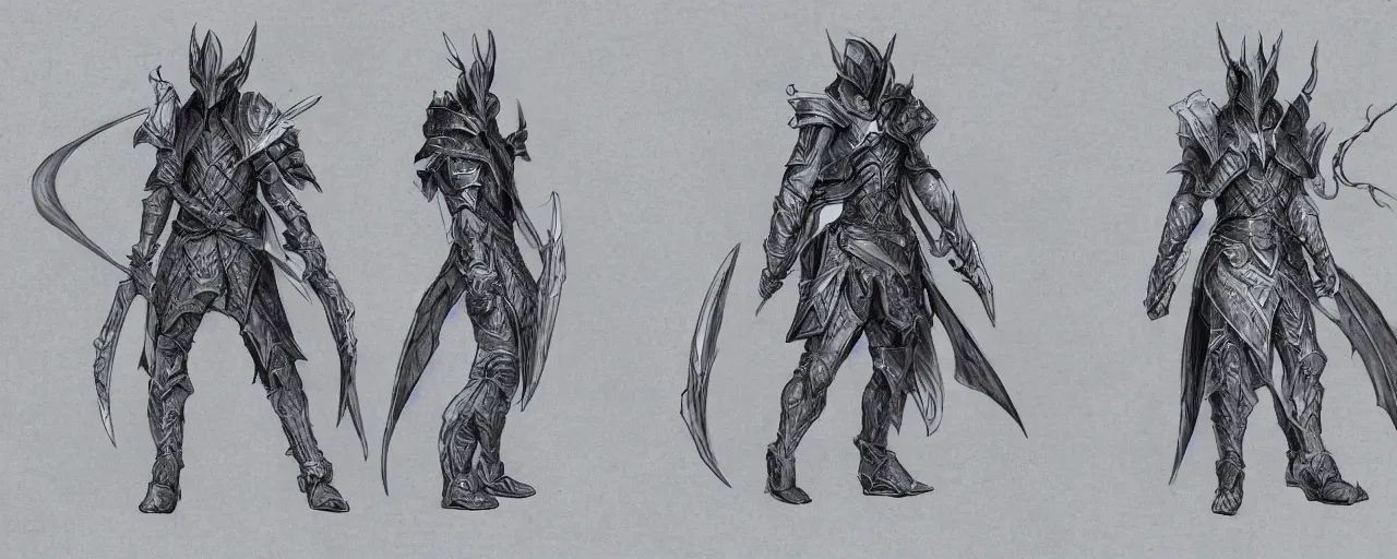 Image similar to A character sheet of a dragon hunter in full grey scales armor and hood that hides his face with masks hanging from his belt, concept art, anime, Highly Detailed.