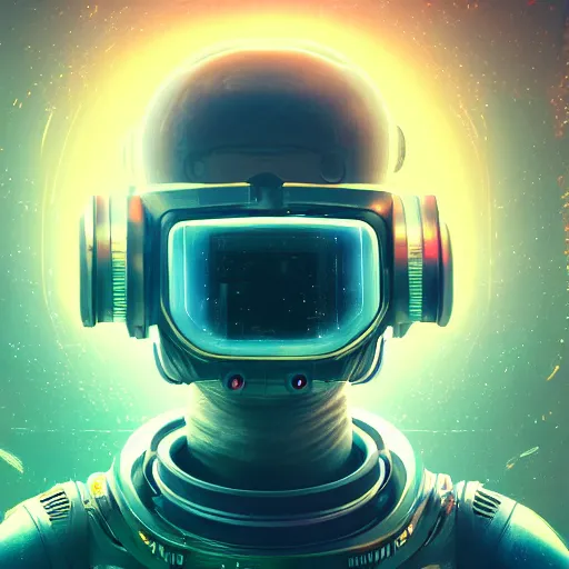 Image similar to cyberpunk astronaut bot, cinema 4 d, galaxy space sci - fi, wearing vr goggles, illustration, portrait, pastel neon textured background night, trending on artstation, greg rutkowski, octane rendered, 1 2 k, detailed,