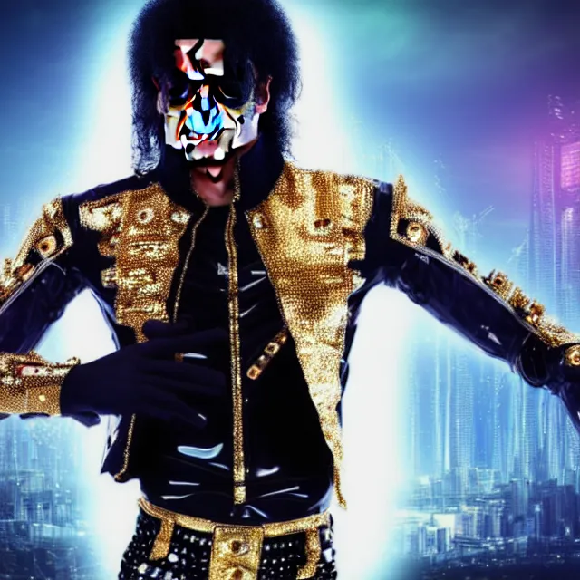 Image similar to beautiful!! futuristic cyberpunk michael jackson the devil. wearing super gem clothes, gold science fiction machinery, highly detailed 8 k hdr smooth sharp focus high resolution award - winning photo photorealistic
