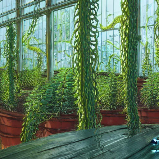 Prompt: wide shot several green poisonous spiked tentacula vines grow from a pot, on wooden table in the diagon ray of sunshine in large greenhouse, digital art, realistic, sharp focus, high detailed, calm, warm lighting, by Rutkowsky, by Levitan