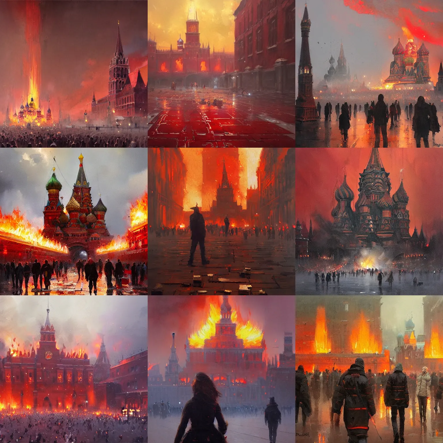 Prompt: Painting by Greg Rutkowski, Fire on Red Square