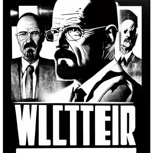 Prompt: walter white in an old noir film poster, movie advertisement poster, black and white