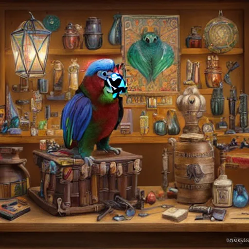 Prompt: Anthropomorphized parrot trader in his shop, selling his wares, portrait, items, weapons, magic potions, trinkets, carpet, lamps, window, fancy hat, sly expression, cunning expression, cute expression, long thick shiny black beak, D&D, fantasy, cinematic lighting, highly detailed, digital painting, artstation, concept art, smooth, sharp focus, illustration, warm light, cozy warm tint, magic the gathering artwork, volumetric lighting, 8k, art by Akihiko Yoshida, Greg Rutkowski