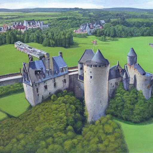 Prompt: aerial view of chateau de fougeres, oil painting