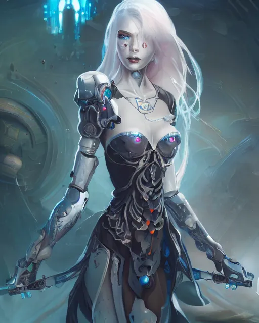 Image similar to holy cyborg necromancer girl, elegant, scifi, futuristic, utopia, garden, illustration, atmosphere, top lighting, blue eyes, white hair, focused, artstation, highly detailed, art by yuhong ding and chengwei pan and serafleur and ina wong