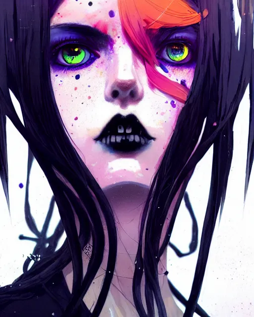 Prompt: close up, captivating, memorable, a ultradetailed beautiful photo of a unique woman wearing a hippy goth outfit standing too too too close, wide eyed staring at you, euphoric, by conrad roset, greg rutkowski and makoto shinkai trending on artstation