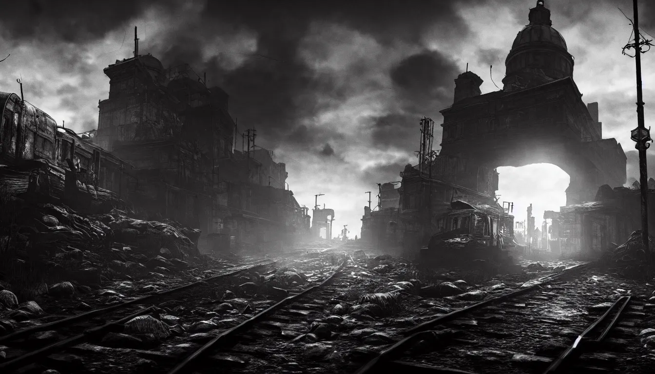 Image similar to metro exodus style, city in the horizon, dark, atmospheric, scary, claustrophobic, ambient vibe, very detailed, black and white, 4 k