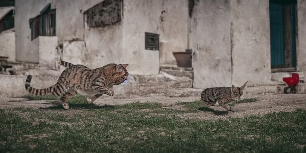 Prompt: photography of a cat running away with mortadella in his mouth with trullo houses in the background, photoreal, 3 5 mm, award winning photography