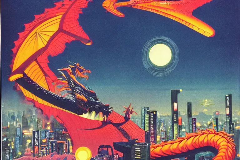 Prompt: 1979 OMNI Magazine Cover of a dragon smiling at the camera in neo-tokyo style by Vincent Di Fate