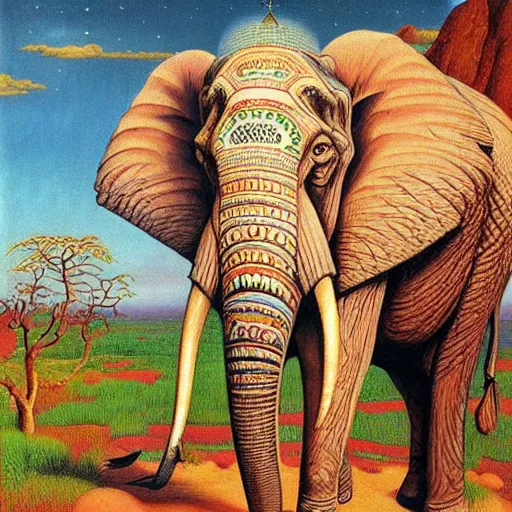 Image similar to elephant, beautiful aztec painting by johfra bosschart and michael whelan, trending on artstation russian technological shoal mayonnaise ash tree, by innes and jean giraud, a small