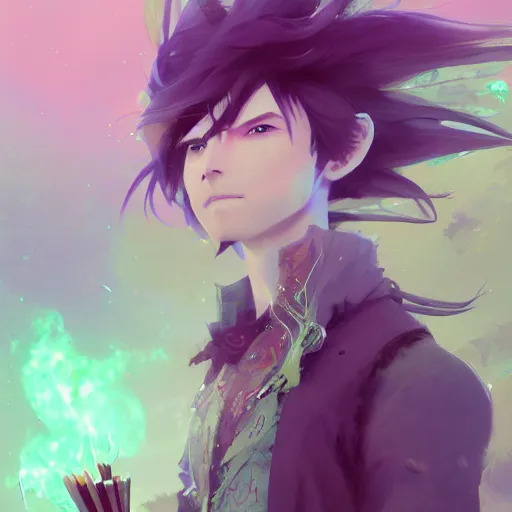 Image similar to a beautiful fullbody portrait of an anime boy with long straight green hair in a western fantasy bard style. character design by cory loftis, fenghua zhong, ryohei hase, ismail inceoglu and ruan jia. artstation, volumetric light, detailed, photorealistic, fantasy, rendered in octane