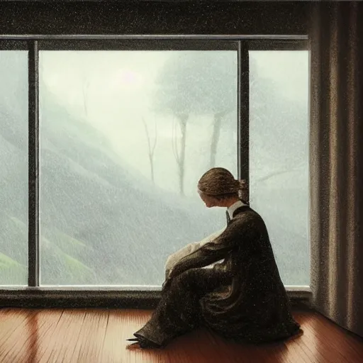 Prompt: on a rainy day, the girl sits in a clean high - end coffee shop and looks out the window, illustration, concept art, elegant, smooth, serene landscape, lonely, sad, caspar david friedrich, beeple