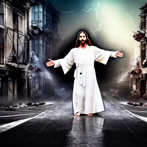 Image similar to jesus christ in a white robe strikes a dramatic dance pose on dead bodies in streets of an apocalyptic metropolis destroyed after war, fantasy art, dramatic lighting, insane details