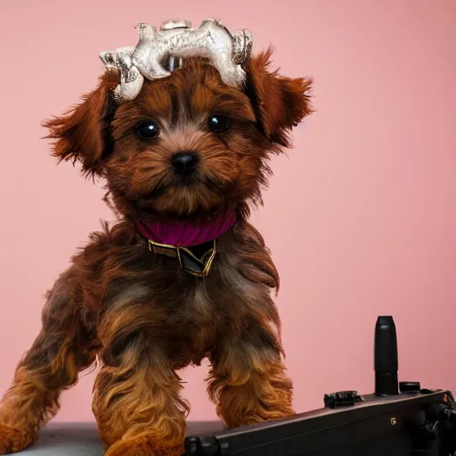 Prompt: cinematic shot of an anthropomorphic yorki-poo puppy wearing a pink suit holding a M249 Light Machine Gun on top of a skyscraper, very intricate, very detailed, epic, depth of field,