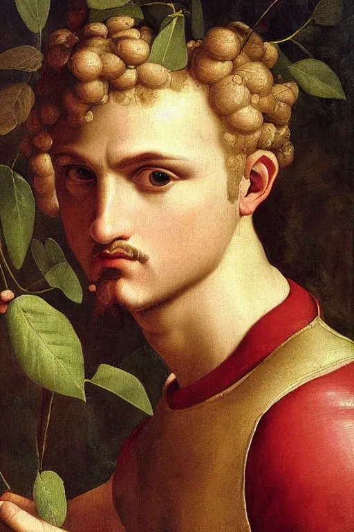 Image similar to renaissance painting of man, short blonde hair, thoughtful face, emotions closeup, dressed in roman armour, the beautiful garden with olive leaves, ultra detailed, art by Guido Reni style, Vincenzo Catena style