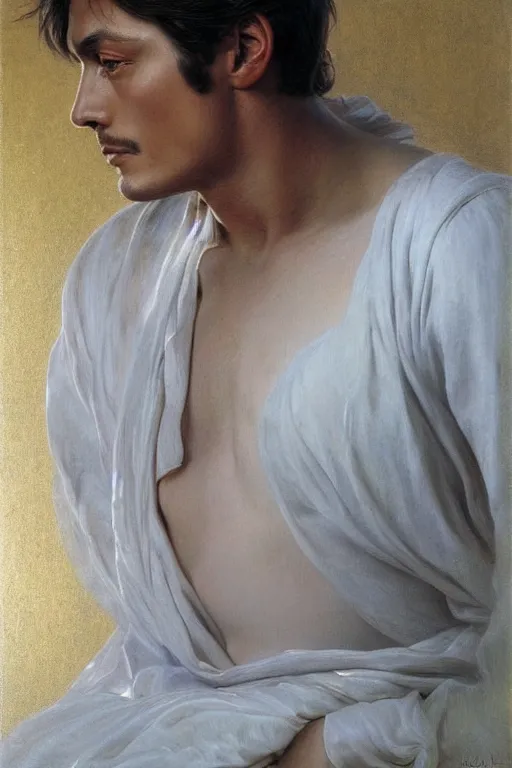 Image similar to portrait en buste alain delon by mark arian, by hughes merle, by pierre auguste cot, perfectly detailed eyes oil on canvas, masterpiece, realism,