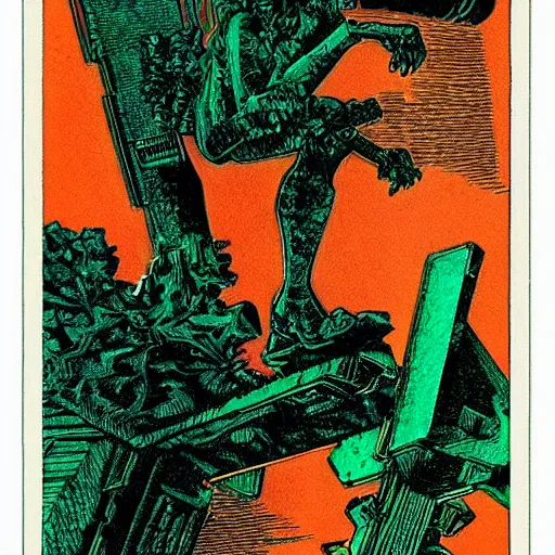 Image similar to a beautiful print. human technology that had become haunted, possessed by quick, gleaming cleverness. copper verdigris by al williamson daring, lush