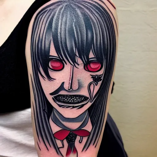 Image similar to tokyo ghoul, tattoo of tokyo ghoul, detailed tattoo design, design by francesco ferrara, dr. lakra, instagram