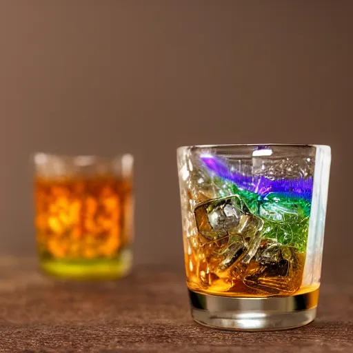 Prompt: medium - shot of 2 super clear ice cubes melt in a round crystal tumbler. the tumbler has gold inlay around the top. the tumbler sits on an expensive wood inlayed bar. at the bottom of the tumbler the melted water turns rainbow colors. 3 5 mm | 2 0 0 iso | f 2. 8, dramatic lighting