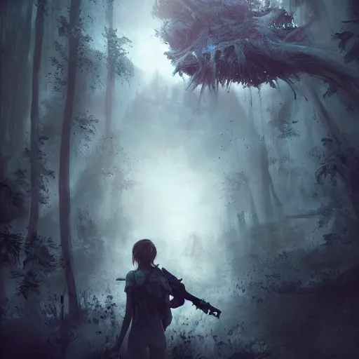 Image similar to Last of Us, theme by Ross Tran, extravagant, dark ambient, beautiful, UHD, lunatic, hyperrealism, Surreal and Fantasy Art, absurdist, absurd, parallax, hypermodernism