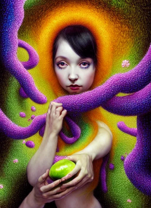 Image similar to hyper detailed 3d render like a Oil painting - kawaii portrait Aurora (black haired Fae acrobat) seen Eating of the Strangling network of yellowcake aerochrome and milky Fruit and Her delicate Hands hold of gossamer polyp blossoms bring iridescent fungal flowers whose spores black the foolish stars by Jacek Yerka, Mariusz Lewandowski, Houdini algorithmic generative render, Abstract brush strokes, Masterpiece, Edward Hopper and James Gilleard, Zdzislaw Beksinski, Mark Ryden, Wolfgang Lettl, hints of Yayoi Kasuma, octane render, 8k