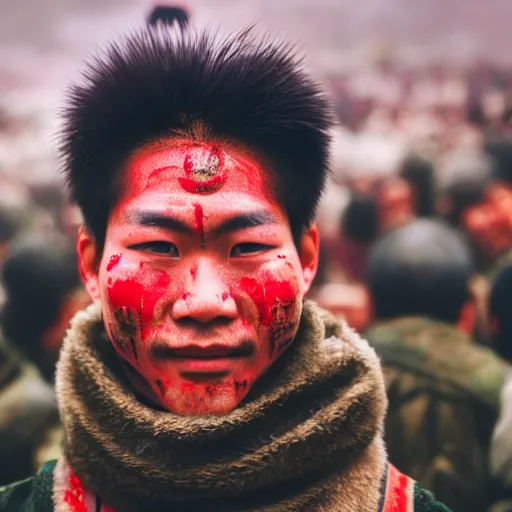Prompt: a ultra high resolution close - up of a beautiful young tai warlord standing in crowd of battlefield, looking down at the camera. his face is partially obscured by a red scarf and yantra tattoo, and he has a smiling expression. the light is dim, and the colours are muted. kodak etkar 1 0 0