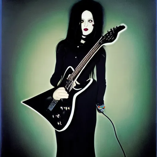 Prompt: Goth girl playing electric guitar by Mario Testino, oil painting by Gottfried Helnwein, masterpiece