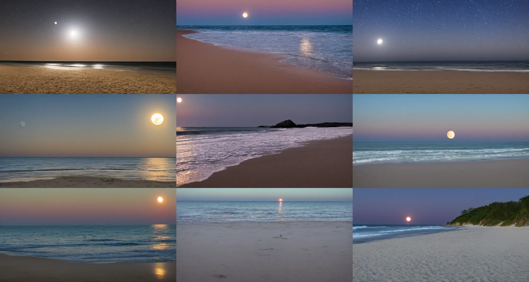 Prompt: moon gleaming over the beach shoreline