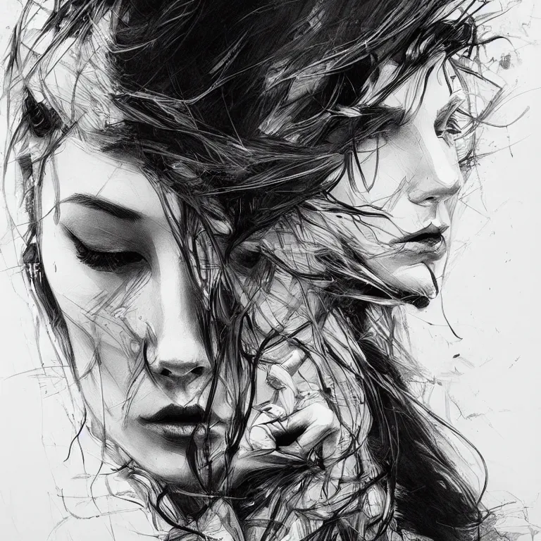 Image similar to beautiful pencil sketch portrait by hopare, masterpiece, high contrast black and white, sharp, intricate, highly detailed, artstation