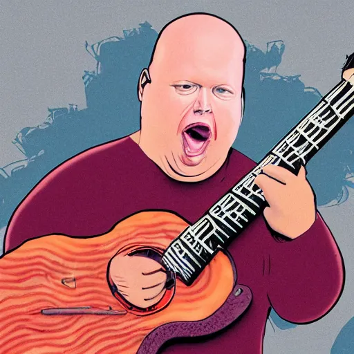 Image similar to Black Francis playing a giant piece of bacon like a guitar, illustration