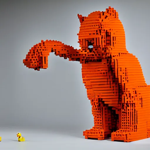 Prompt: 1 0, 0 0 0 piece lego sculpture by a master builder of a smiling orange cat with a big head and white face walking upright, scratch. mit. edu, product photography, studio lighting