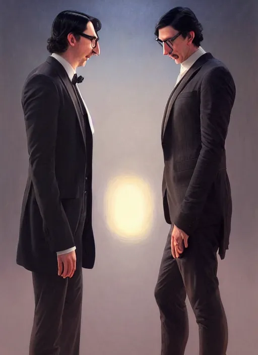 Image similar to painting of both john oliver and adam driver together, john oliver in front, full body, elegant, beautiful, highly detailed, centered, dark, smokey, digital painting, concept art, smooth, sharp focus, illustration, deviant art, art by artgerm, art by greg rutkowski, art by alphonse mucha