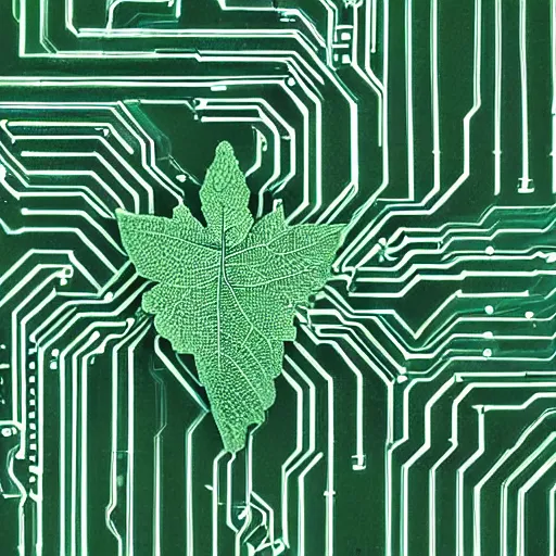 Prompt: a digital leaf of mint with circuit board paths instead of veins