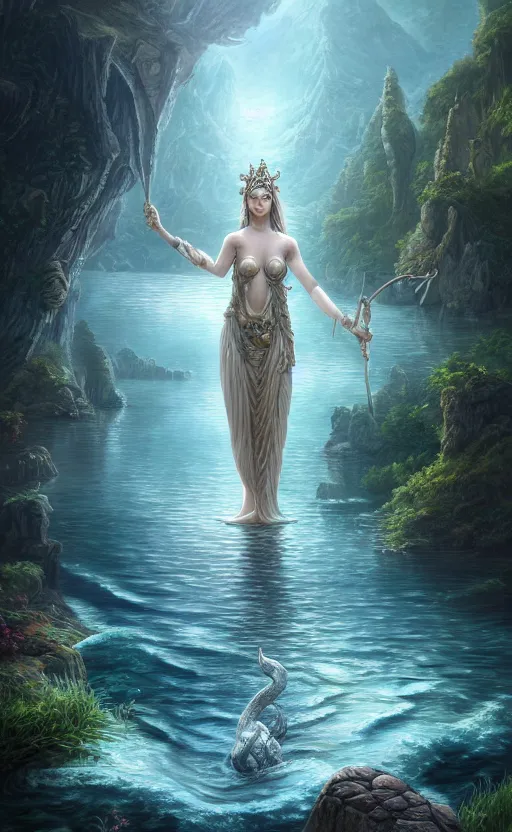 Image similar to the goddess of the lake, highly detailed, d & d, water everwhere fantasy, highly detailed, digital painting, trending on artstation, concept art, sharp focus, global illumination, ray tracing, illustration, art by artgerm and greg rutkowski and fuji choko and viktoria gavrilenko and hoang lap