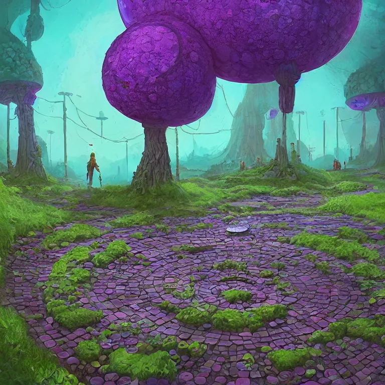 Prompt: a stone pathway leading to a a circle portal structure built out of mushrooms and plants, circle, portal, inter - dimensional, cyberpunk, epic surrealism, indigo, purple, cyan, detailed digital matte painting in the style of simon stalenhag and greg hildebrandt artstation