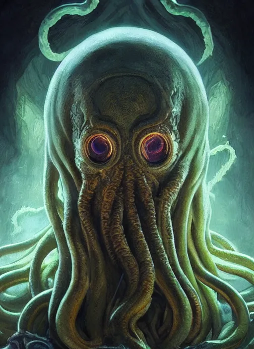 Image similar to Portrait of Cthulhu, white glowing eyes, fantasy, extremely detailed, digital painting, artstation, concept art, smooth, sharp focus, illustration, stunning lighting, art by artgerm and greg rutkowski and alphonse mucha and simon stalenhag, realistic character concept, high fantasy, dark atmosphere, golden ratio, cinematic lighting, hyperdetailed, high resolution, insanely detailed and intricate, artstation, Marc Simonetti, Greg Rutkowski, 8k