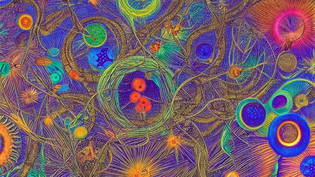 Image similar to quantum connections represented as symbiotic organisms like cells playing around with colorful lights by ernst haeckel, very very very good