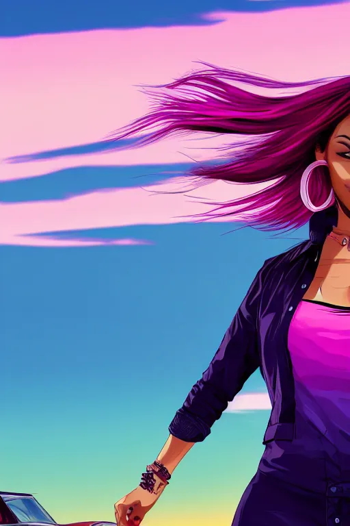 Image similar to a stunning GTA V loading screen with a beautiful woman with ombre purple pink hairstyle, hair blowing in the wind, sunset, outrun, vaporware, retro, digital art, trending on artstation