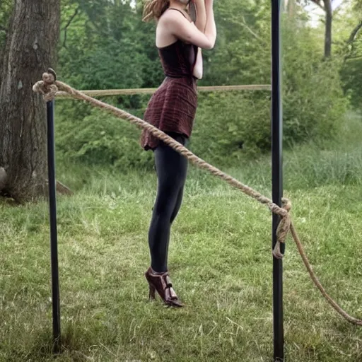 Image similar to emma watson, full body and face, head to toe visible in the photo, hands tied with a metal pole via rope, damsels in distress, 4 k, hyperrealistic