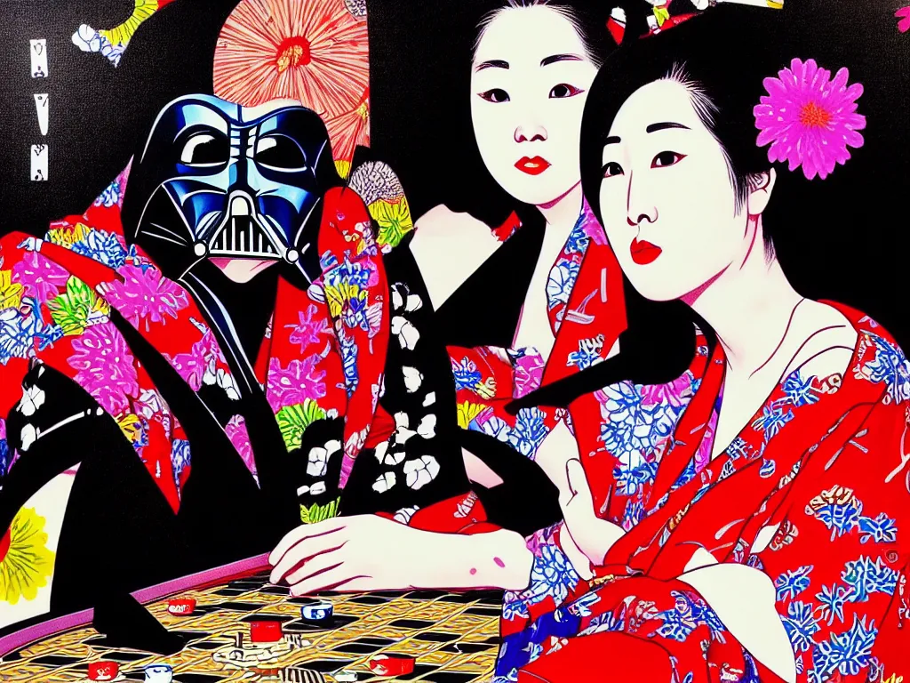 Image similar to hyperrealism composition of the detailed woman in a japanese kimono sitting at an extremely detailed poker table with darth vader, fireworks and folding screen on the background, pop - art style, jacky tsai style, andy warhol style, acrylic on canvas