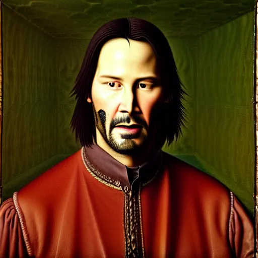 Image similar to portrait of keanu reeves, oil painting by jan van eyck, northern renaissance art, oil on canvas, wet - on - wet technique, realistic, expressive emotions, intricate textures, illusionistic detail