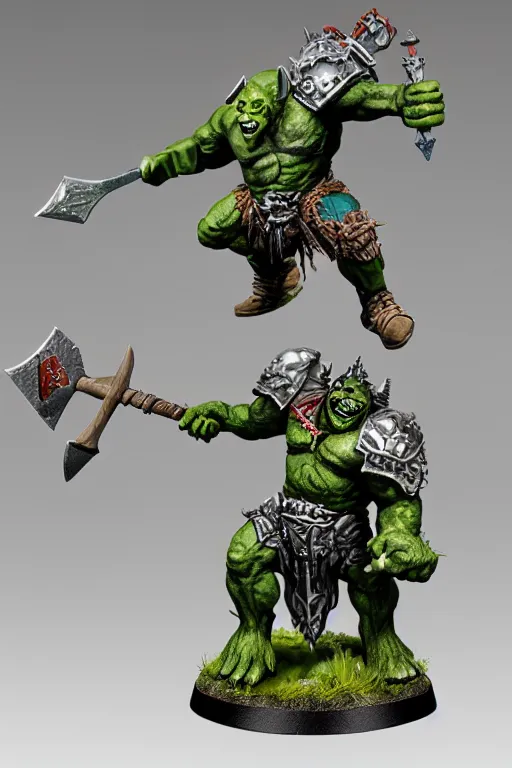 Image similar to a huge green orc swinging a battle axe. detailed painted Games Workshop miniature, studio lighting