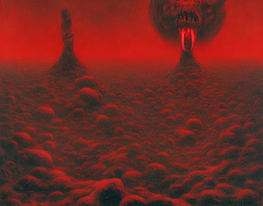 Prompt: A nightmarish hellscape full of cosmic horrors and indescribable phenomena, by Zdzisław Beksiński and Greg Rutkowski, horror, blood red, cinematic, highly detailed, 8k