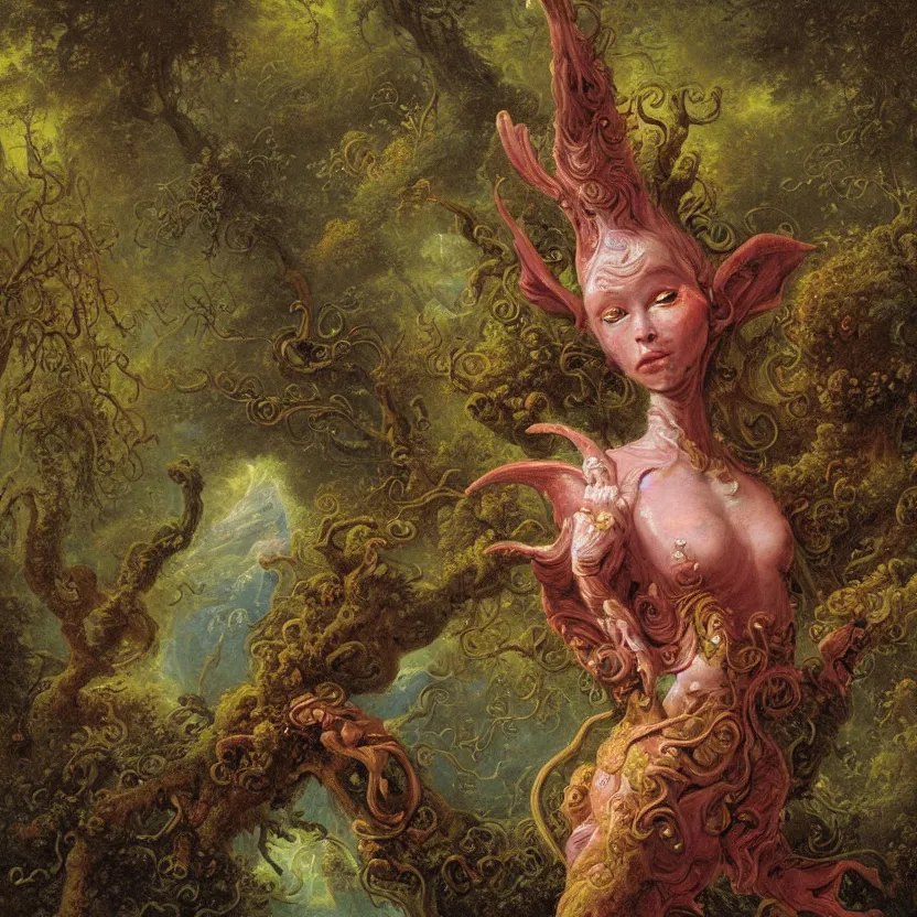 Prompt: a close - up rococo portrait of an colorful alien elf - like creature with futuristic features standing in water, moss, and swamp. night time. rich colors, high contast. gloomy, highly detailed 1 8 th century sci - fi fantasy masterpiece painting by jean - honore fragonard, moebius, and johfra bosschart. artstation