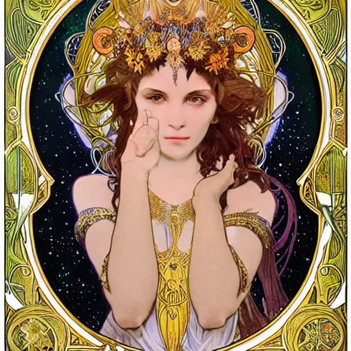 Prompt: realistic detailed face portrait of a beautiful Goddess of Night crowned in stars by Alphonse Mucha, Greg Hildebrandt, and Mark Brooks, gilded details, spirals, Neo-Gothic, gothic, Art Nouveau, ornate medieval religious icon