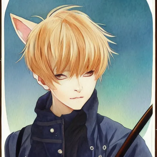 Image similar to A watercolor painting of a beautiful anime catboy with short cream colored hair and fennec fox ears and tanned skin, elegant, delicate, soft lines, smooth , pixiv art, ArtStation, artgem, art by alphonse mucha charles reid and shirow masamune, high quality