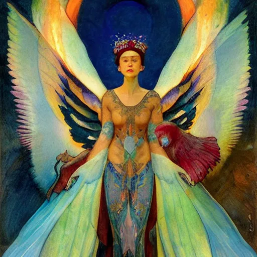 Prompt: queen of the dawn with her wings and her lantern, by Annie Swynnerton and Nicholas Roerich and Diego Rivera, flowing robes, bioluminescent skin, floral tattoos, elaborate costume, geometric ornament, symbolist, soft colors, smooth, sharp focus, extremely detailed