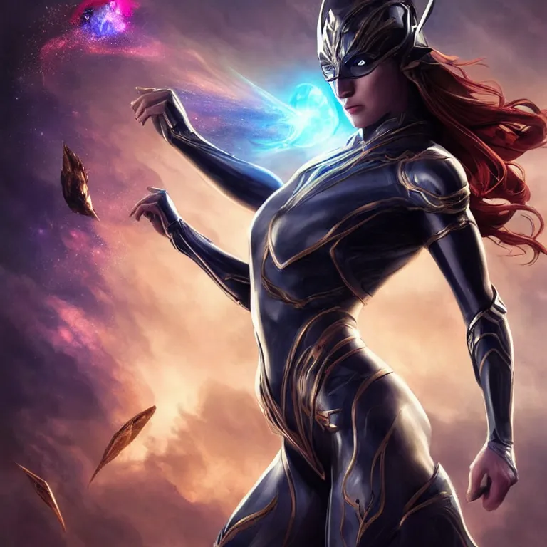 Image similar to beautiful cinematic fantasy poster, a beautiful woman in a superhero suit with a dramatic pose, beautiful glowing galaxy eyes, wideshot ultrawide angle epic scale, hybrid from The Elden Ring and art direction by Darius Zawadzki ;by artgerm; wayne reynolds art station; cinematic quality character render; low angle; ultra high quality model; production quality cinema model;