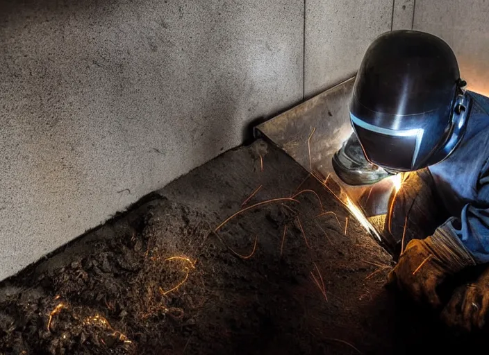 Prompt: welder in welding mask, hiding in drain pipe, ominous lighting